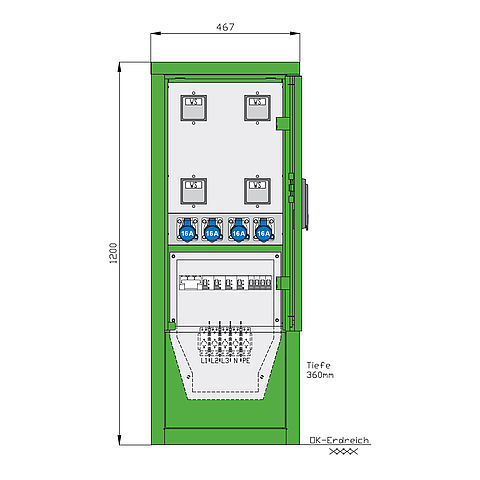 Stromverteiler für Freizeitanlagen mit 4 RCDs TypA, 4 LS, 4 meschanischen WS-Zählern und 4 CEE-Abgängen 16A