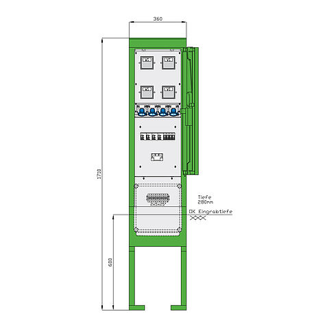 Stromverteiler für Freizeitanlagen mit 4 RCDs TypA, 4 LS, 4 mechanischen WS-Zählern und 4 CEE-Abgängen 16A