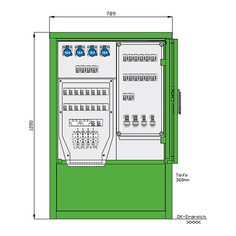 Stromverteiler für Freizeitanlagen mit 18 RCDs TypA, 18 LS, 18 elektron. WS-Zählern, 4 CEE-Abgängen 16A und 14 Abgangsklemmen