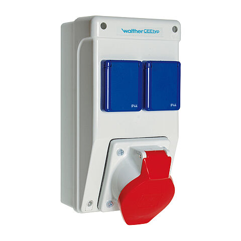 Plastic socket combination In: 32A/16A with one CEE outlet 32A and connection 6qmm 5P and 2 isolated ground receptacles with connection 6qmm 3P