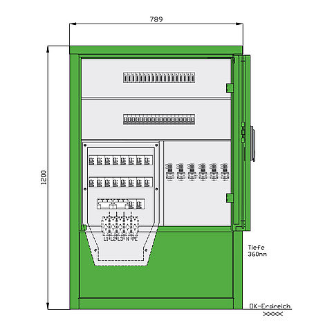 Stromverteiler für Freizeitanlagen aus Edelstahl mit 18 RCDs TypA, 18 WS-Zahlern, 18 LS und 18 Abgangsklemmen