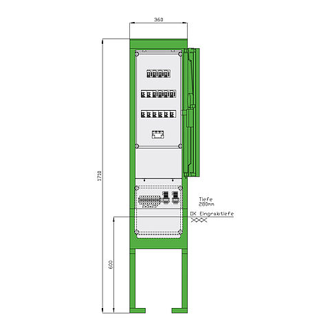 Stromverteiler für Freizeitanlagen aus Kunststoff mit 8 RCDs TypA, 8 elektronischen WS-Zählern, 8 LS und 8 Abgangsklemmen