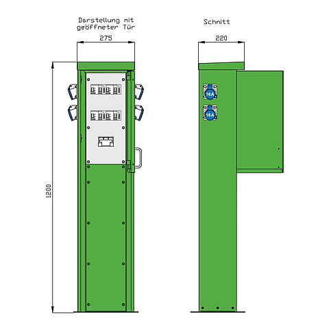 Energiesäule für Freizeitanlagen mit 4 RCDs TypA, 4 LS, 4 elektron. WS-Zählern und 4 CEE-Abgängen 16A