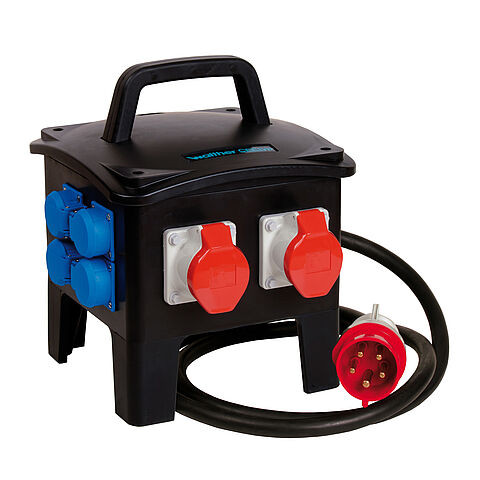 Tragbare Vollgummi-Steckdosenkombination In: 16A mit einem RCD TypA, 2 CEE-Abgänge 16A, 4 Schukos und Anschluss über Leitung mit 16A Stecker