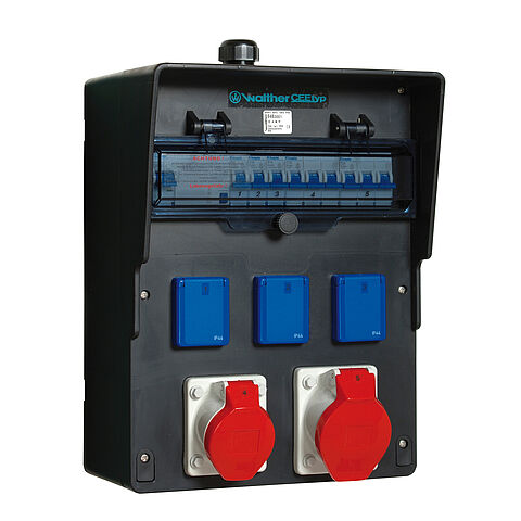 Solid-rubber socket combination In: 63A with one RCD Type A, five MCBs, two CEE outlets 16-32A, 3 isolated ground receptacles and terminal set K25 10P