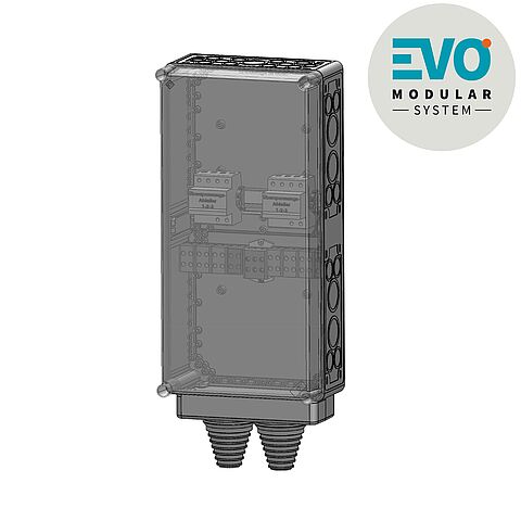 Integrierbarer Verteiler EVO add für beidseitig bestückbare Stele EVO vario mit Klemmen bis 50qmm und Kombi-Ableiter