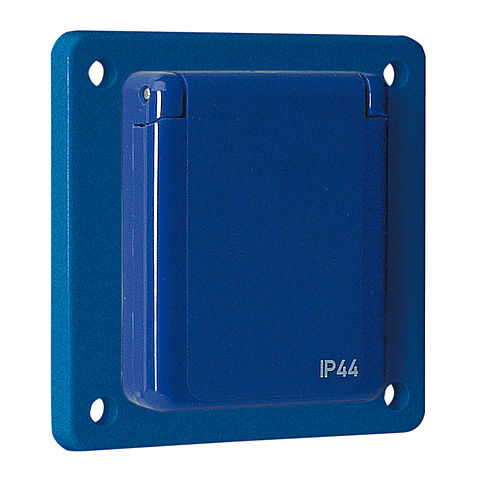 Anbau-Schutzkontaktsteckdose gerade 16A 3P mit Flansch75x75mm in blau
