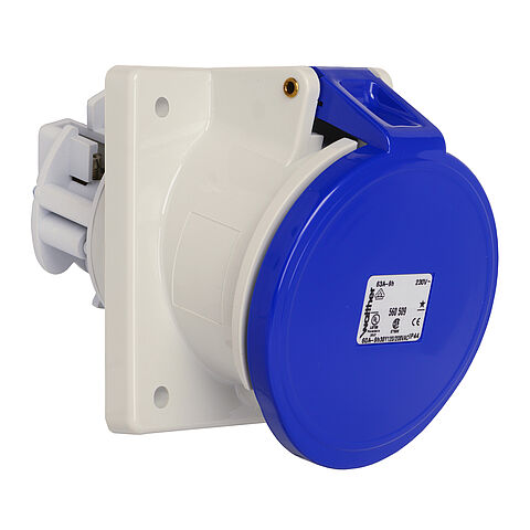 Panel socket angled 63A 5P 9h with flange 107x100mm