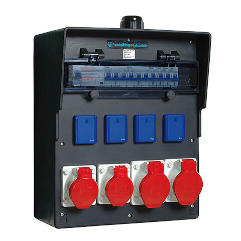 Solid-rubber socket combination In: 63A with one RCD Type B, seven MCBs, three CEE outlets 16-32A, 4 isolated ground receptacles and terminal set K25 10P