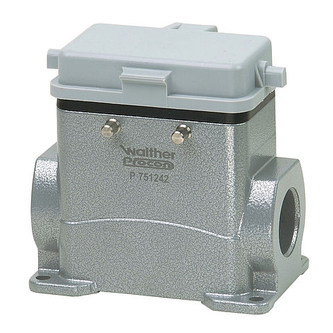 Wall mount housing B10, BB18, DD42 and MOB10 from aluminium, height 74mm with spring cover, double locking system and nozzles 2xM25