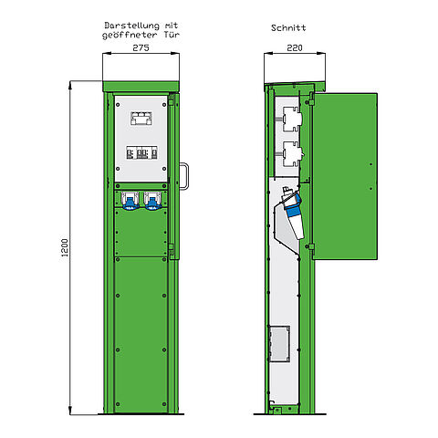 Energiesäule für Freizeitanlagen mit 2 RCDs TypA, 2 LS und 2 CEE-Abgängen 16A