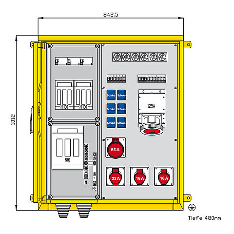 Aufputzverteiler 138kVA mit 3 RCDs TypA, 9 LS, 5 CEE-Abgängen 16-125A und 6 Schukos