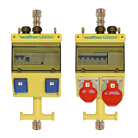 Kunststoff-Hängesteckdosenkombination In: 40A, einem RCD TypA, 4 MCBs, 2 CEE-Abgänge 16-32A, 2 Schukos,Anschluss bis 25qmm 5P und Druckluftanschluss