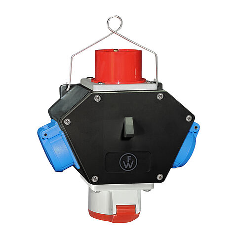 Vollgummi X-BoxX In: 16A mit einem CEE-Abgang 16A, 2 Schukos und Anschluss über Anbaugerätestecker 16A