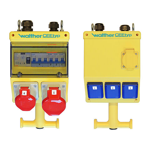 Plastic suspension-type combination In: 32A with one RCD Type A, four MCBs, two CEE outlets 16-32A, 3 isolated ground receptacles, one RJ45 and connection up to 25 qmm 5P