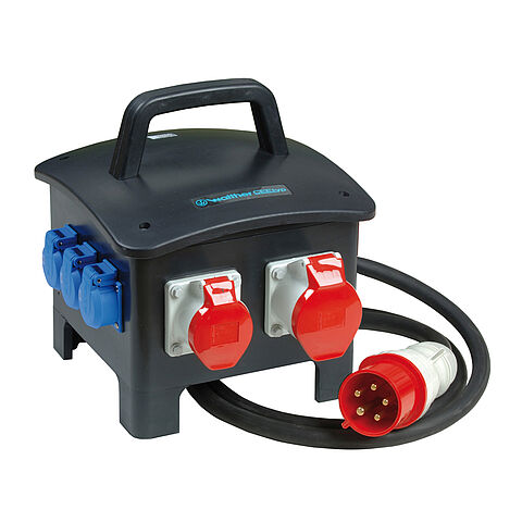 Portable solid-rubber socket combination In: 32A with one RCD Type A, four MCBs, two CEE outlets 16-32A, 3 isolated ground receptacles and connection via cable with 32A plug