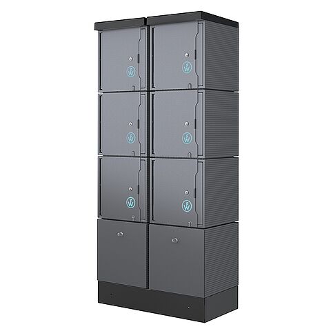E-Bike Ladestation CUBE mit 6 Ladefächern und Münzpfandschloss