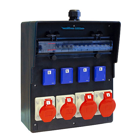 Solid-rubber socket combination In: 80A with one RCD Type A, five MCBs, four CEE outlets 16-32A, 4 isoalted ground receptacles and terminal set K25 10P