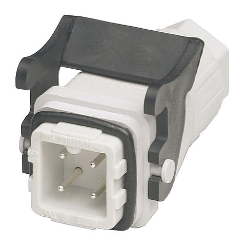 Connector A3 consisting of coupler hood with male inserts, screwless technology and single locking system