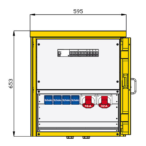 Aufputzverteiler aus Edelstahl mit einem RCD TypA, 2 CEE-Abgänge 16-32A und 3 Schukos