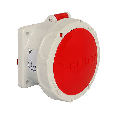 Waterproof panel socket straight 63A 5P 4h with flange 107x100mm with pilot contact