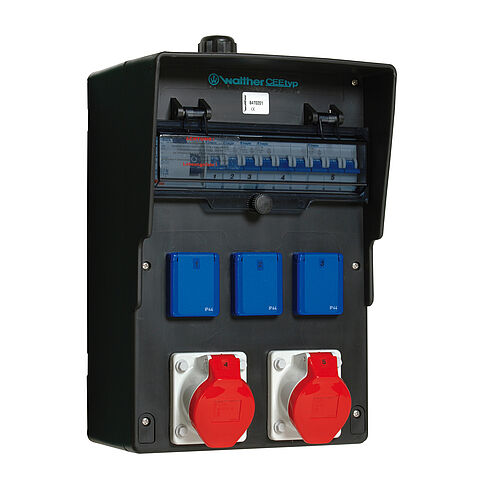 Solid-rubber socket combination In: 40A with one RCD Type A, five MCBs, two CEE outlets 16A, 3 isolated ground receptacles and terminal set K25 10P