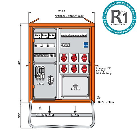 Verteilerschrank für Container 69kVA mit RCD Typ B und RCD Typ A, 12 LS, 6 CEE-Abgänge 32A und eine Schuko