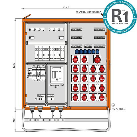 Verteilerschrank für Container 246kVA mit 7 RCDs Typ B und RCD Typ A, 24 LS, 19 CEE-Abgänge 32-63A und 6 Schukos