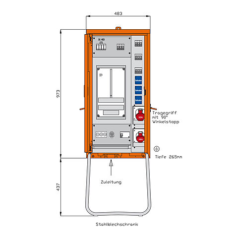Anschlussverteilerschrank 24kVA mit Zählerplatz -Österreich-, einem RCD TypA, 5 LS, 2 CEE-Abgängen 16-32A und 3 Schukos