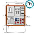 Anschlussverteilerschrank für Container 69kVA mit Zählerplatz, 2 RCDs Typ B und RCD Typ A, 12 LS, 6 CEE-Abgänge 32A und 6 Schukos