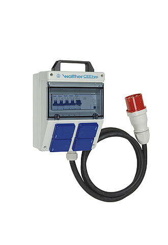 Tragbare Kunststoff-Steckdosenkombination In: 32A mit einem RCD TypA, 4 MCBs, 4 Schukos und Leitung mit 32A Stecker