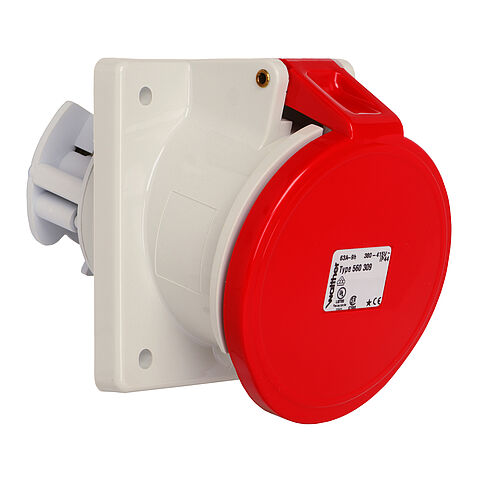 Panel socket angled 63A 3P 9h with flange 107x100mm