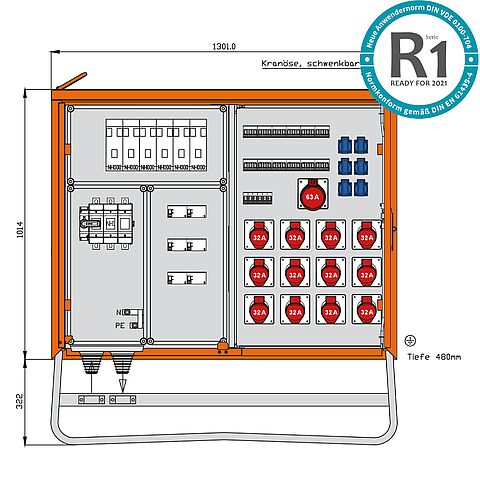 Verteilerschrank für Container 138kVA mit 5 RCDs Typ B und RCD Typ A, 18 LS, 12 CEE-Abgänge 32A und 6 Schukos