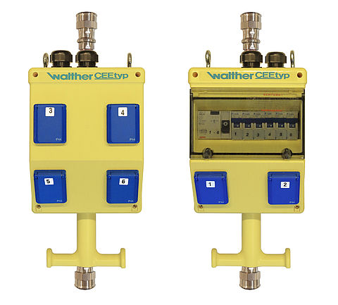 Plastic suspension-type combination In: 32A with one RCD Type A, six MCBs, 6 isolated ground receptacles, connection up to 6 qmm 5P and compressed air connection