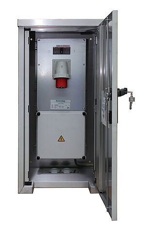 Notstromeinspeisung Aufputzverteiler aus Edelstahl mit Netzumschalter und 63A 6h Anbaugerätestecker