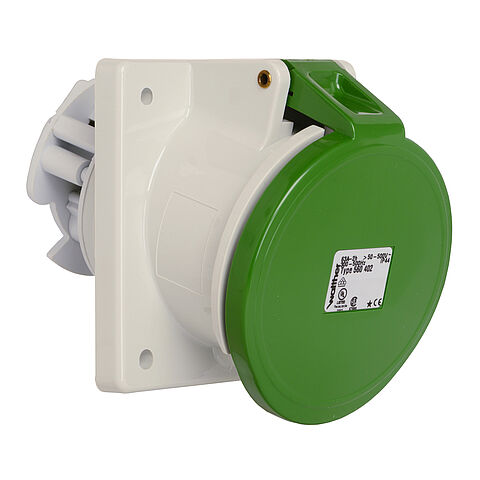 Panel socket angled 32A 4P 2h with flange 100x92mm
