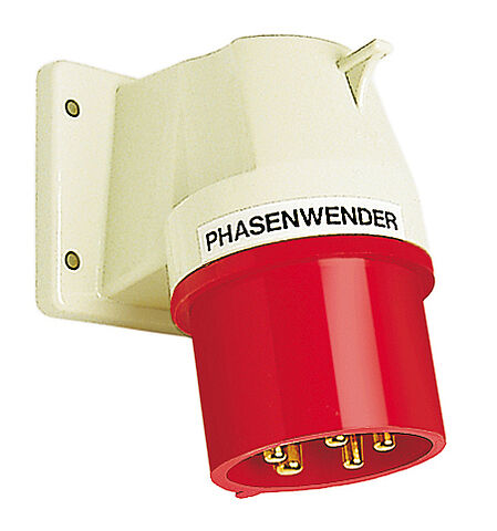 Phase inverter panel appliance inlet angled 32A 5P 6h with screwed flange housing 75x90mm for harsh environments