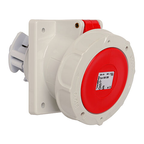Waterproof panel socket angled 63A 3P 9h with flange 107x100mm