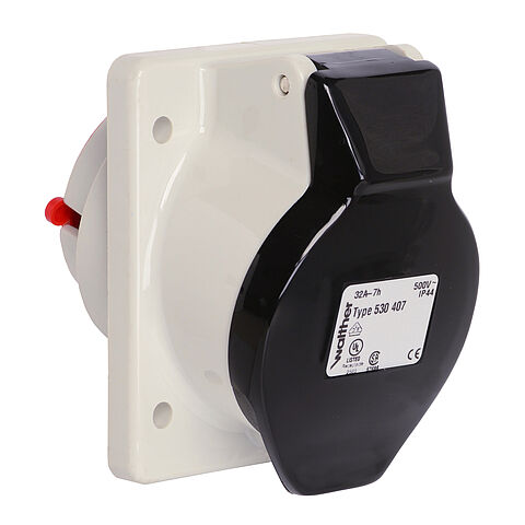 Panel socket angled 32A 4P 7h with flange 90x75mm