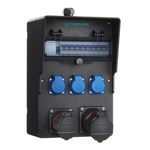 Vollgummi-Steckdosenkombination In: 40A mit einem RCD TypA, 5 MCBs TypC, 2 NEO CEE Abgänge 16-32A, 3 Schukos und Klemmsatz K25 10P