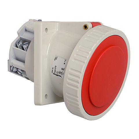 Waterproof panel socket angled 125A 5P 6h with flange 114x114mm for harsh environments