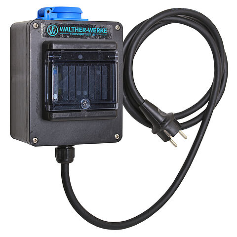 Uni-Box aus Vollgummi In: 16A mit Zugang über Leitung mit CEE-Stecker 16A, Wechselstromzähler und Abgang über Leitung mit CEE-Kupplung 16A