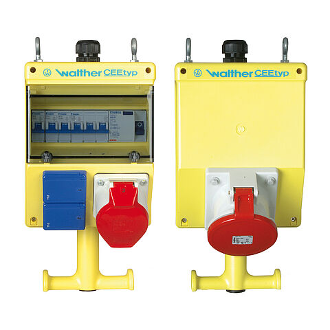 Plastic suspension-type combination In: 63A with one RCD Type A, three MCBs, two CEE outlets 32-63A, 2 isolated ground receptacles and connection 25 qmm 5P