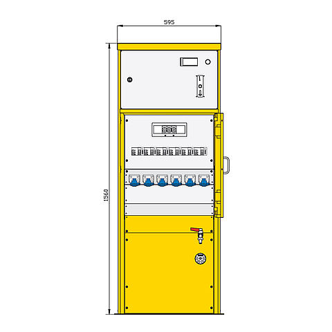 Kassiersäule mit 7 RCDs TypA, 7 LS, 6 elektronischen WS-Zählern, 6 CEE-Abgänge 16A und einer Wasserzapfstelle