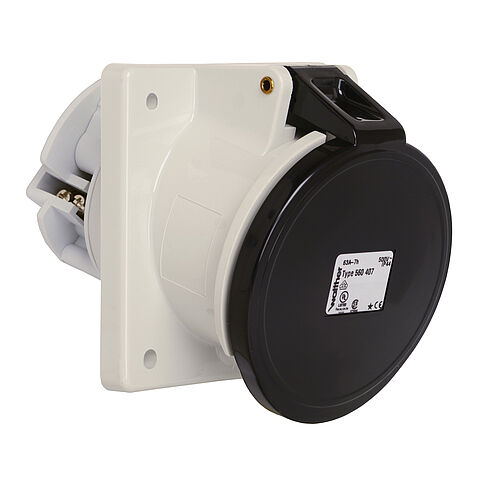 Panel socket angled 63A 4P 7h with flange 107x100mm