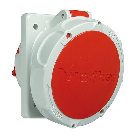 Waterproof panel socket angled 32A 3P 9h with flange 90x75mm