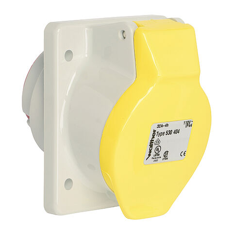 Panel socket angled 32A 4P 4h with flange 90x75mm