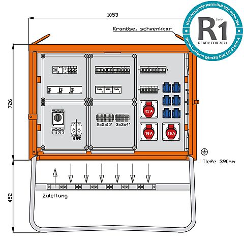 Beleuchtungsverteiler 44kVA mit RCD Typ B und 2 RCDs Typ A, digitale Zeitschaltuhr, 3 H-O-A-Schalter, 14 LS, 3 CEE-Abgänge 16-32A und 6 Schukos