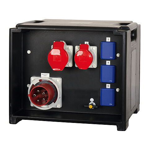 Socket distributor In:63A with two CEE outlets 16-32A, 3 isolated ground receptacles, phase and sequence display, and panel appliance inlet 32A