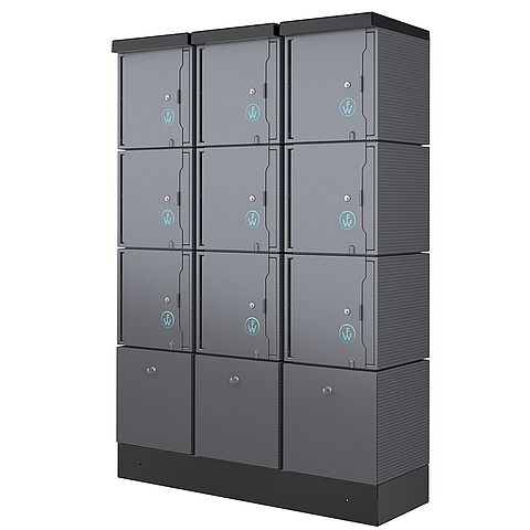 E-Bike Ladestation CUBE mit 9 Ladefächern und Münzpfandschloss